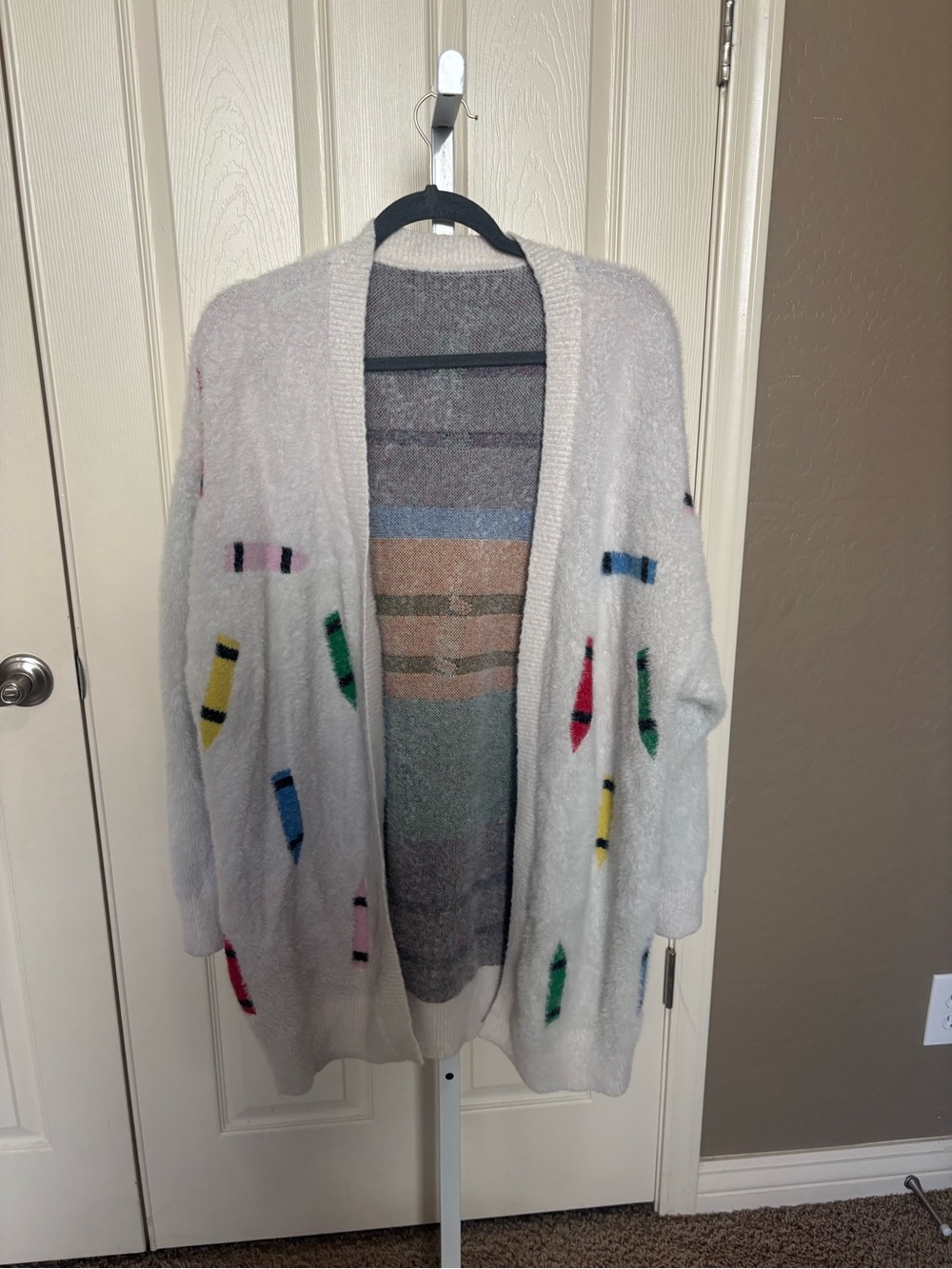 Cozy Cream Teacher Open-Front Sweater Cardigan with Colorful Accent Embroidery